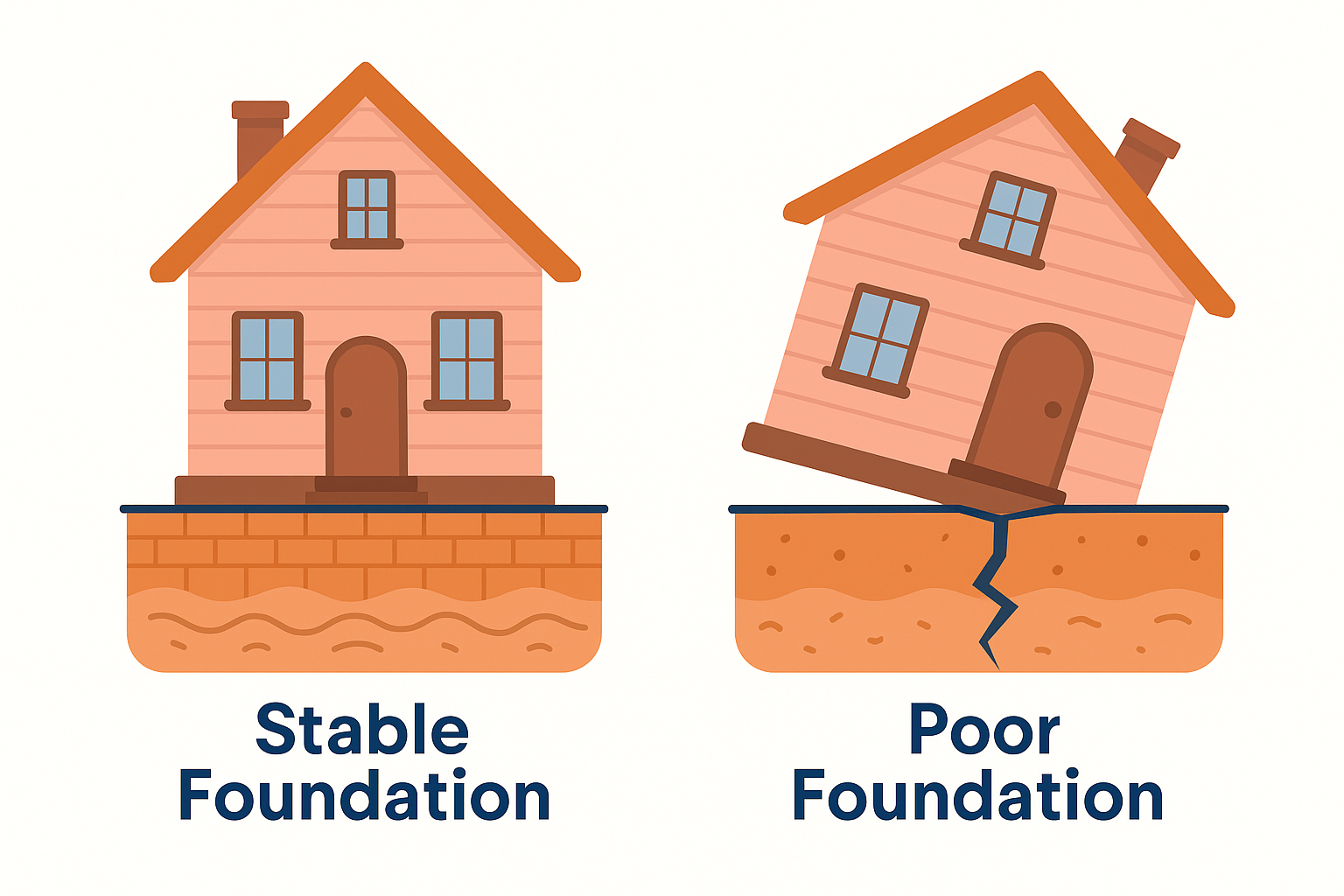 Two homes: one on a solid foundation and one tilting from a failing base
